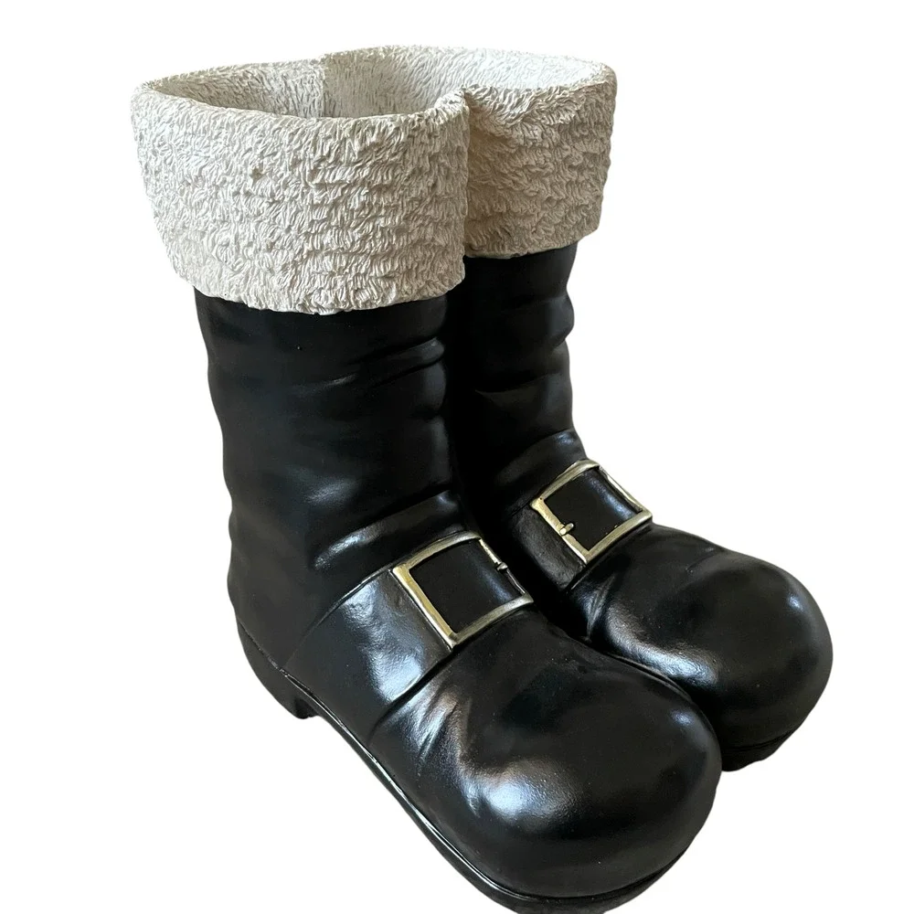 Santa Boots MERRY CHRISTMAS Container Planter Holiday Black Gold White Holiday